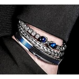 Unisex 3 pc SS Symmetrical Claw Bracelet Set Beaded Blue